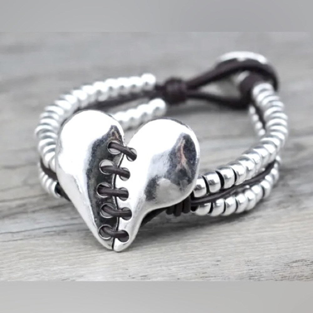 Leather Bracelet with Metal Heart and Beads
